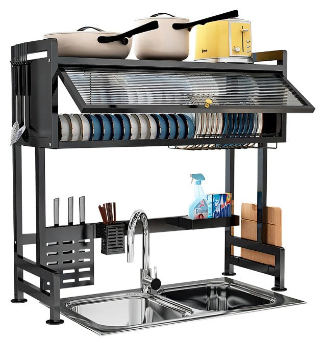 Escurridor de Platos con Tapa Deslizante 65 cm Organizador de Cocina Premium