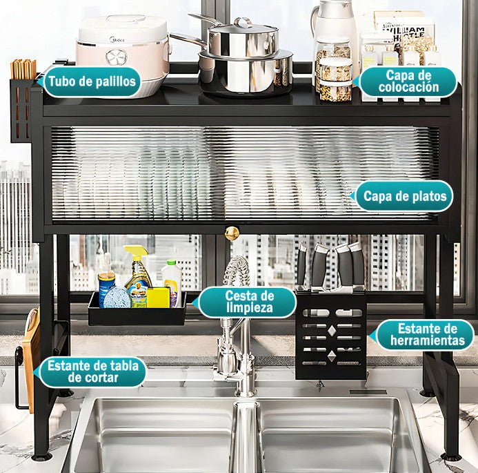 Escurridor de Platos con Tapa Deslizante 65 cm Organizador de Cocina Premium