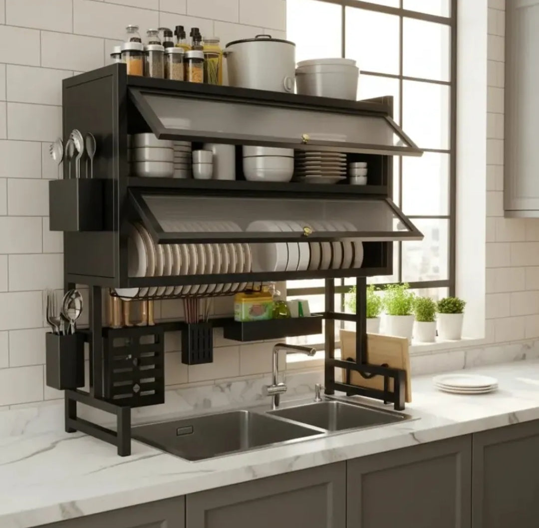 Escurridor de Platos Doble Puerta 65 cm Organizador Sobre Lavaplatos Premium