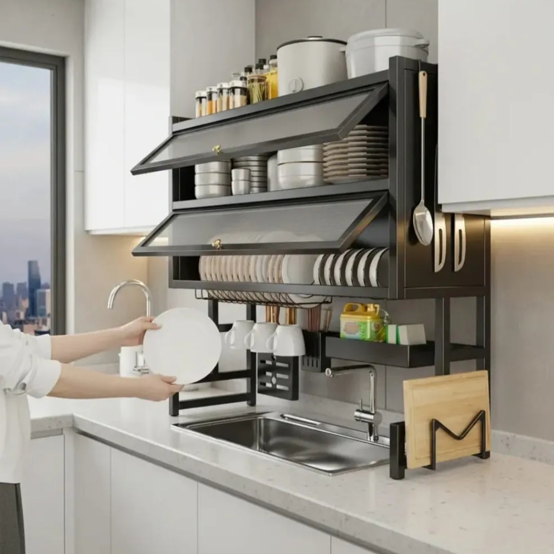 Escurridor de Platos Doble Puerta 65 cm Organizador Sobre Lavaplatos Premium