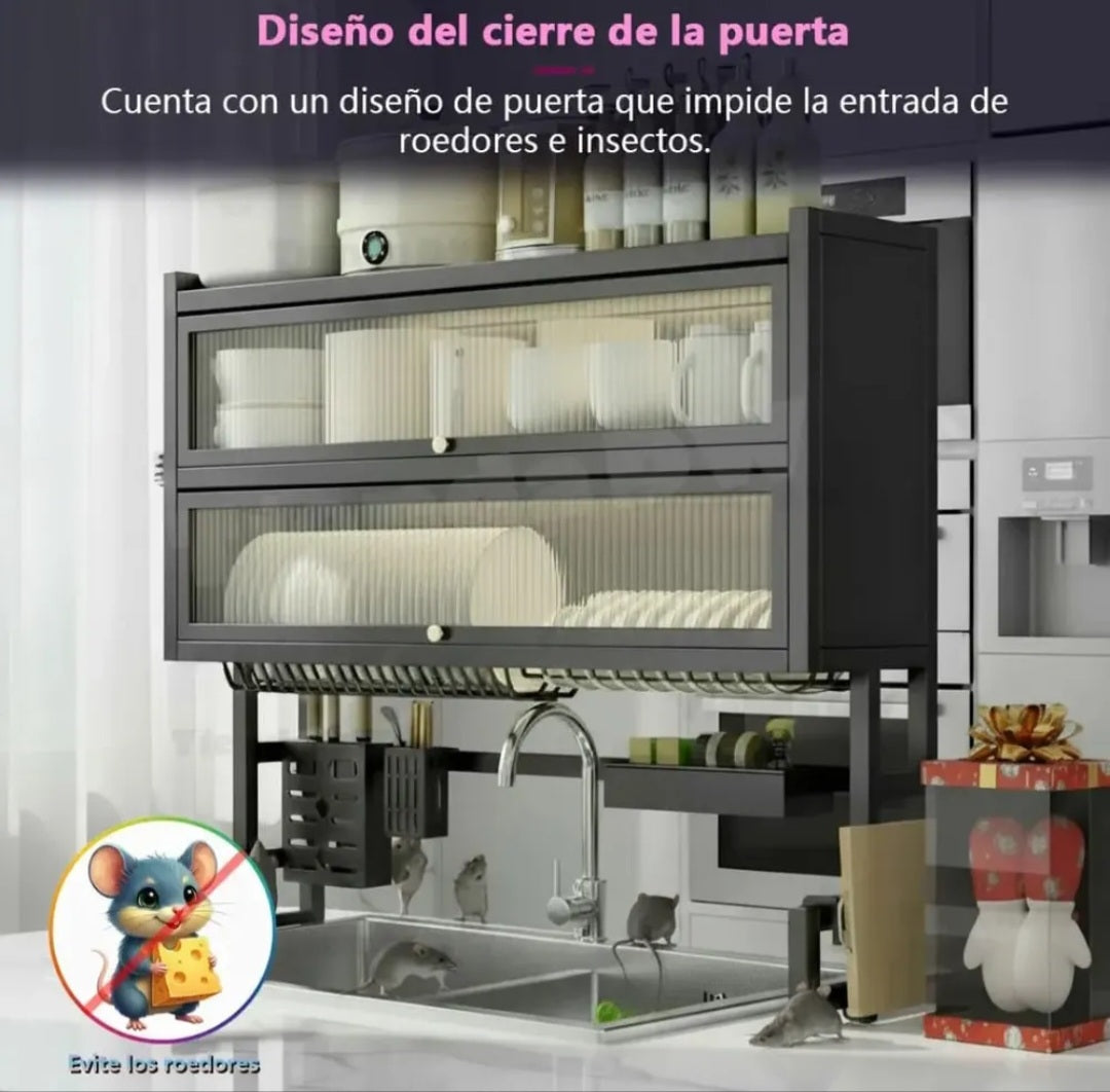 Escurridor de Platos Doble Puerta 65 cm Organizador Sobre Lavaplatos Premium